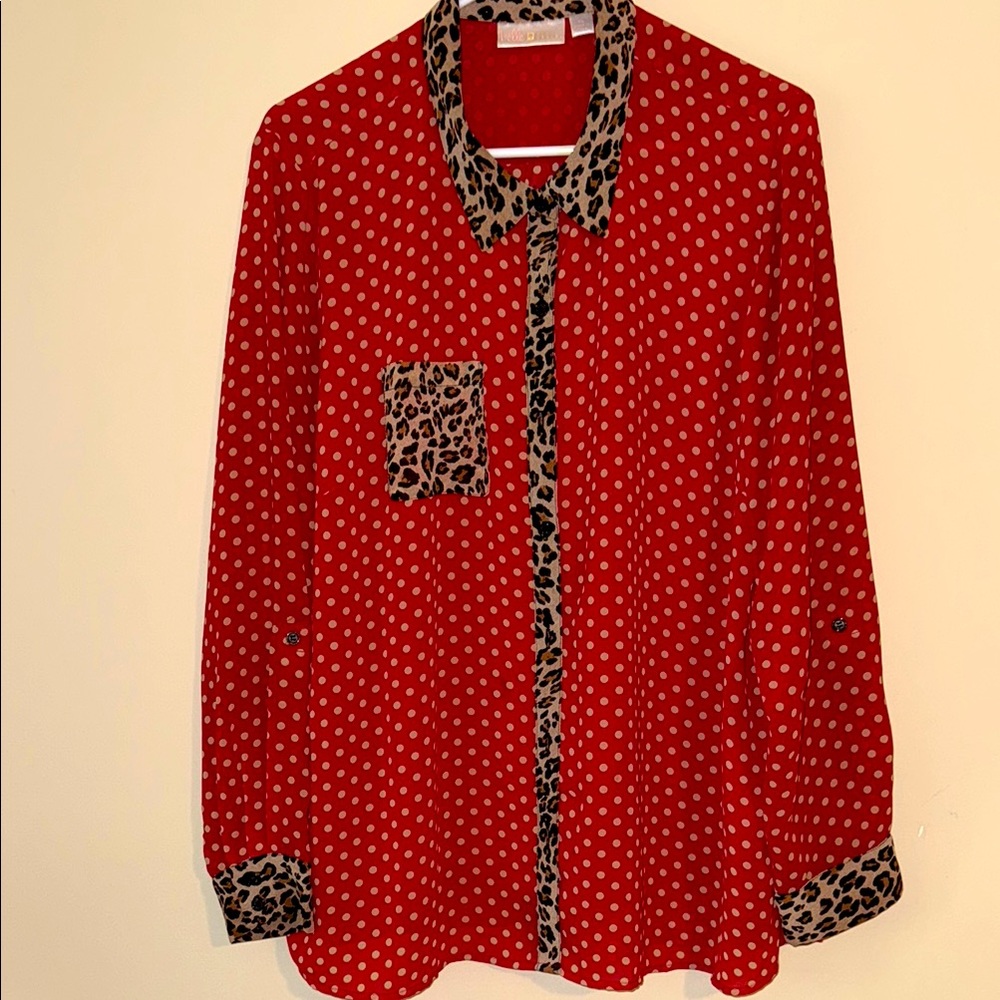 Belle by Kim Gravel Polka Dot Print Blouse with Leopard Detail size XL NWOT